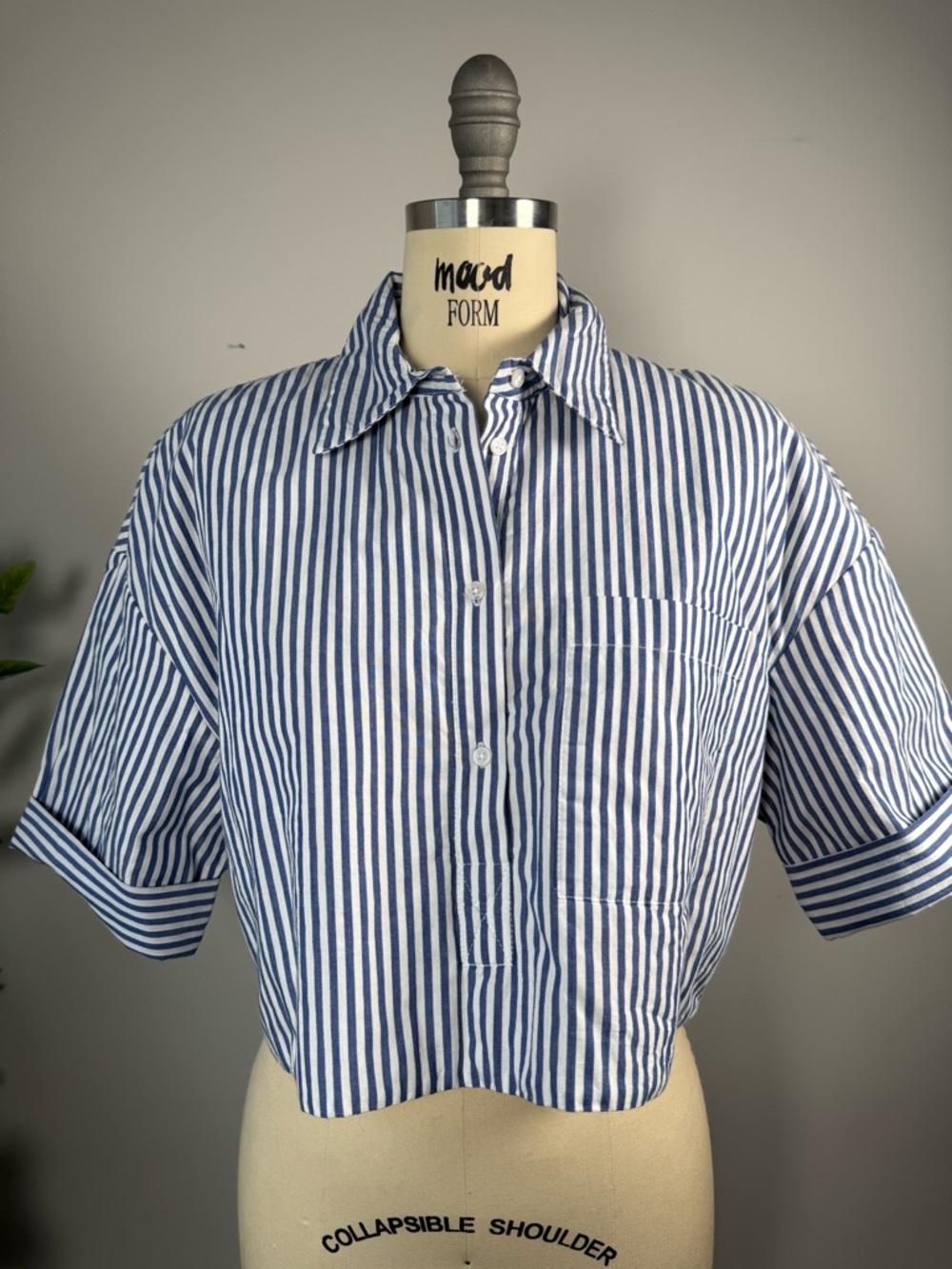 ZARA Striped Crop Shirt Blue White Cotton Short Sleeve Oversized Size M NWT